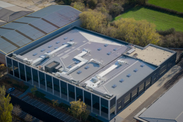 Aerial photo of integrated roofing at Biomed