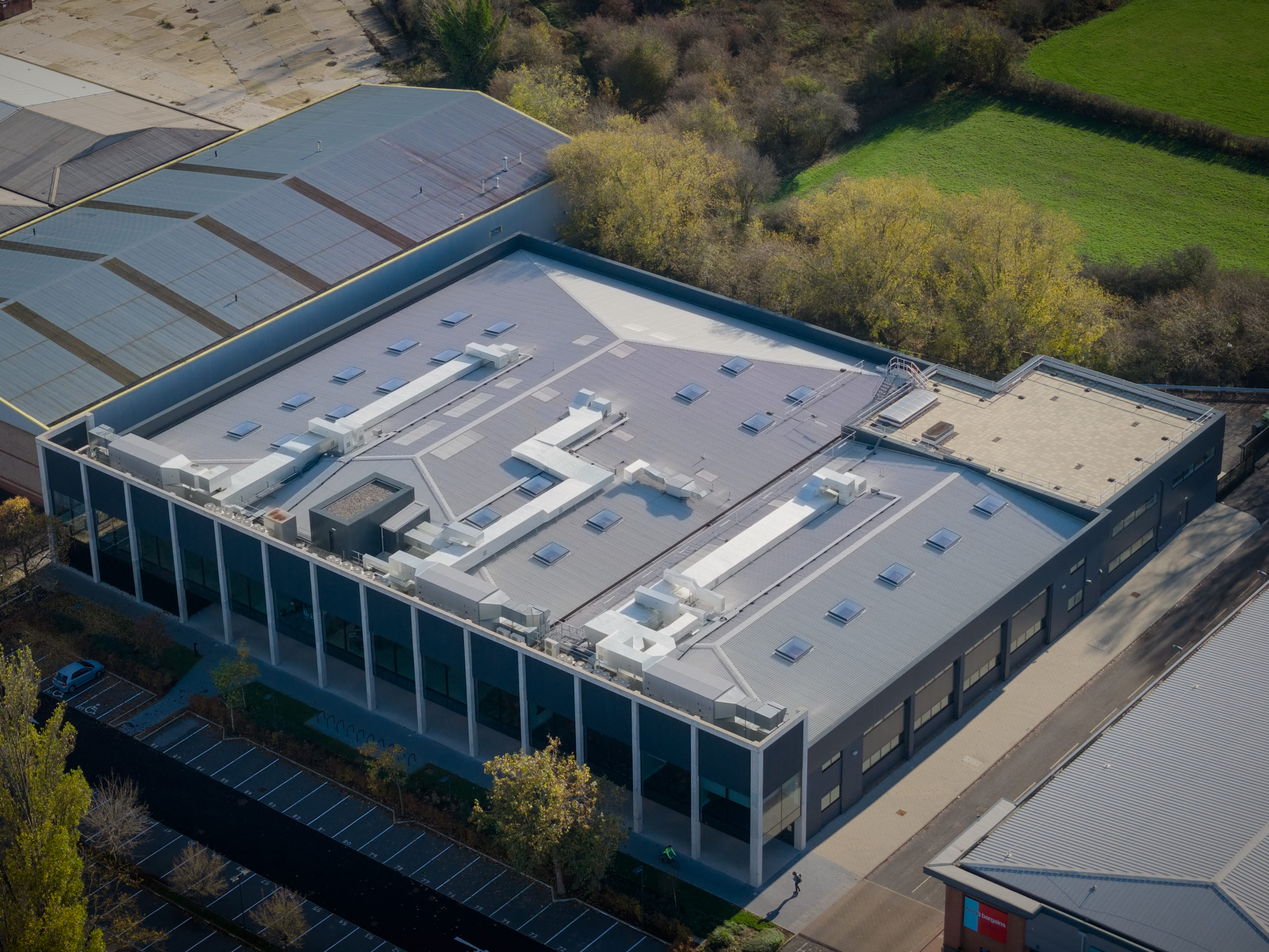 Aerial photo of integrated roofing at Biomed